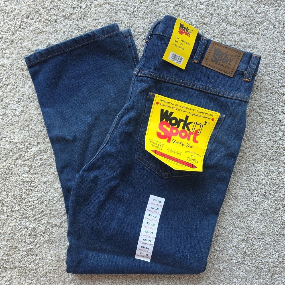 Work n' Sport Straight Leg Jeans NWT Men's 34 x 28, Preshrunk Cotton
